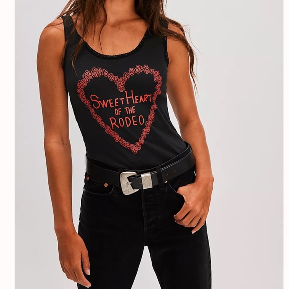 Free People Tops - NWOT FREE PEOPLE X MIDNIGHT RIDER BLACK LACE TRIMMED RODEO TANK TOP SIZE LARGE